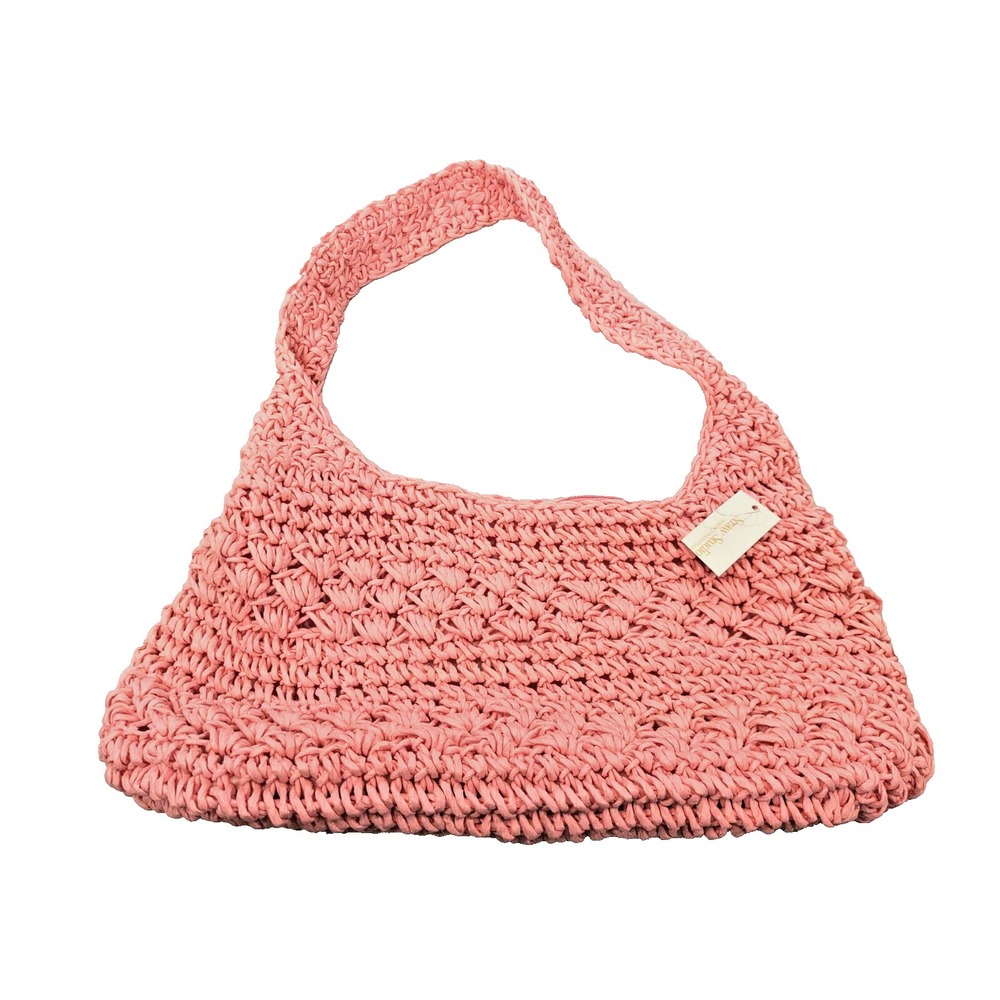 NEW Straw Studios Handbag Woven Straw Pink Handle Lined Zipper Pocket Large 19"